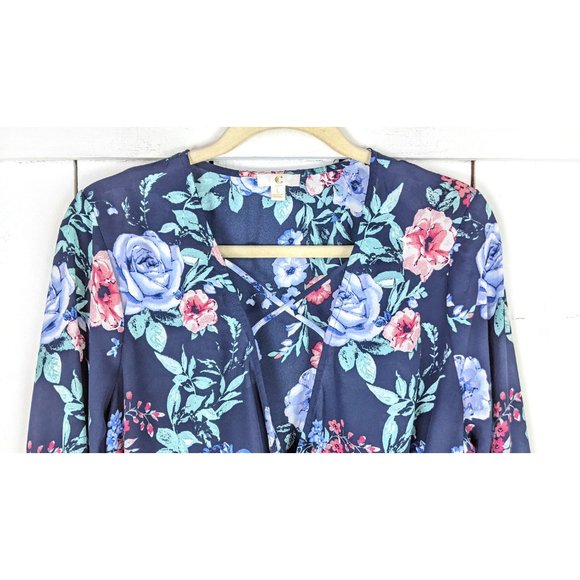 Sheer blue floral  long bell sleeve pullover billowy wrap around blouse - Picture 4 of 5